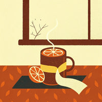 Orange And White Autumn Scene With A Hot Beverage And Orange Slices On A Table — Stock Illustration