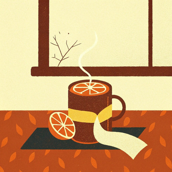 Orange And White Autumn Scene With A Hot Beverage And Orange Slices On A Table — Stock Illustration