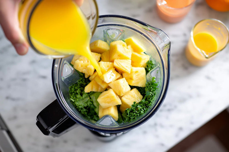 a person pouring orange juice into a blender filled with pineapple chunks and spinach leaves - Stock Video