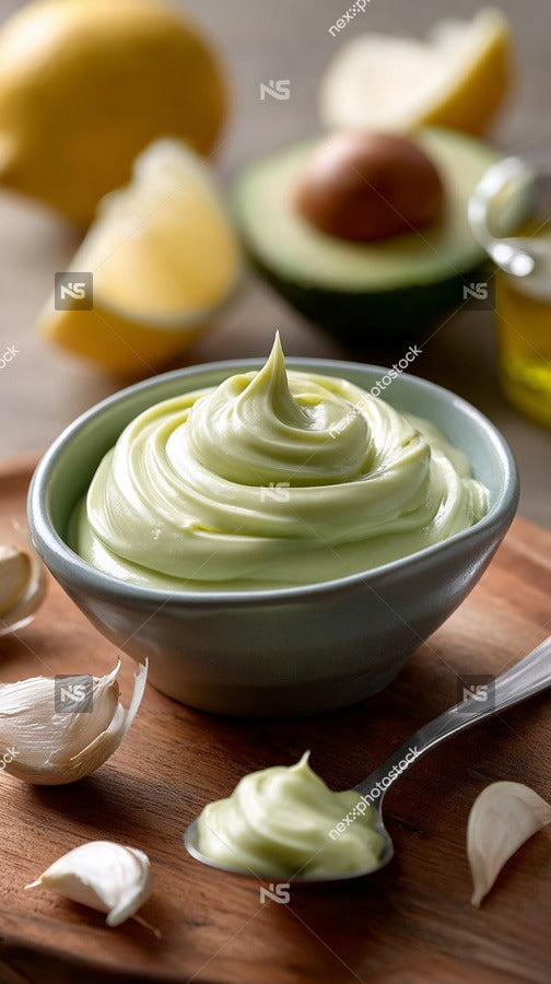 Avocado Dip In Bowl On Cutting Board With Lemon Slices And Whole Lemons In Background — Stock Photo