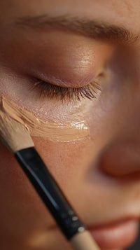 A Close Up Portrait Of A Person Applying Makeup To Their Face Using A Brush — Stock Photo