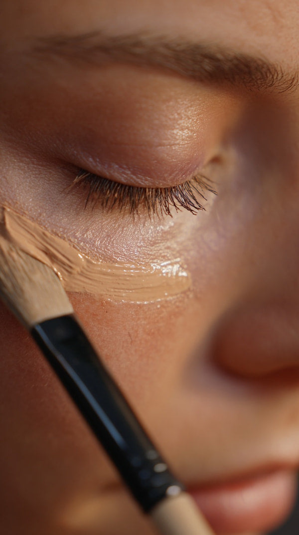 A Close Up Portrait Of A Person Applying Makeup To Their Face Using A Brush — Stock Photo