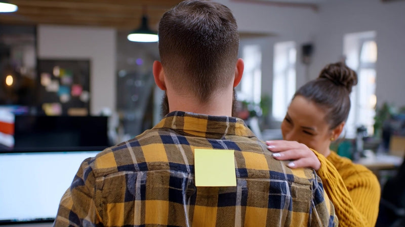 a man wearing a yellow plaid shirt stands in an office setting interacting with another person who is not fully visible - Stock Video
