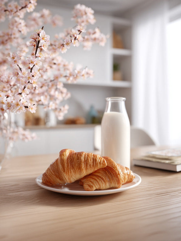 Two Croissants On A Plate Next To A Glass Of Milk On A Table In A Kitchen — Stock Photo