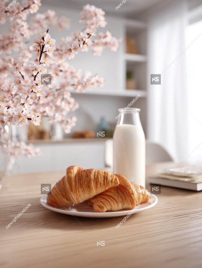 Two Croissants On A Plate Next To A Glass Of Milk On A Table In A Kitchen — Stock Photo