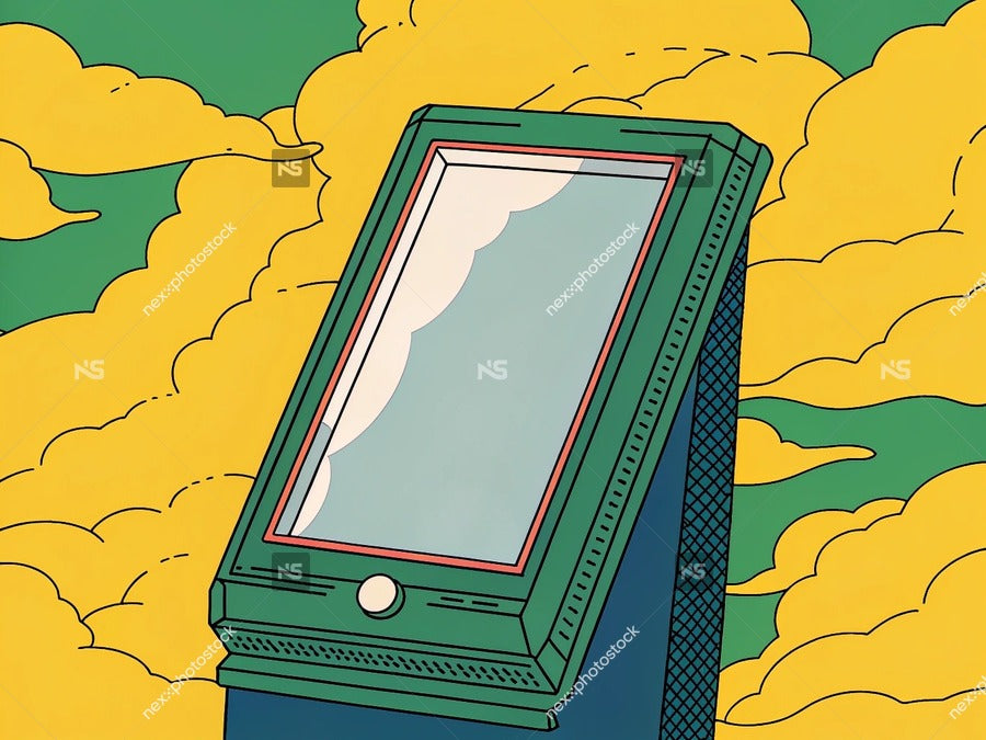 An Illustration Of A Vintage Phone Placed Against A Backdrop Of Clouds With A Focus On The Device Itself — Stock Illustration