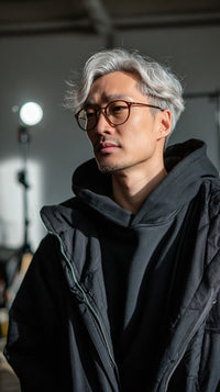 Asian Man Wearing Glasses And A Hoodie Standing Against A White Background — Stock Photo