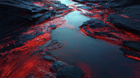 A Landscape A River Of Red Lava Flowing Through A Rocky Shoreline With A Dark Blue Sky In The Background — Stock Photo