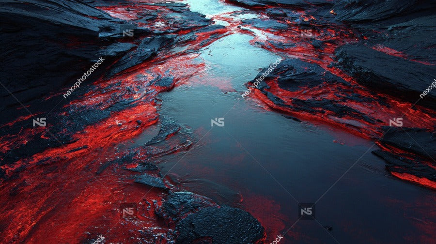 A Landscape A River Of Red Lava Flowing Through A Rocky Shoreline With A Dark Blue Sky In The Background — Stock Photo
