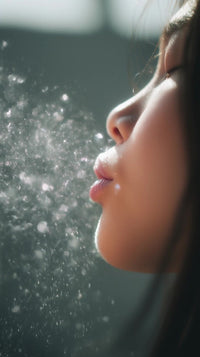 a close up portrait of a person blowing bubbles with their face filling most of the frame against a blurred background - Stock Video