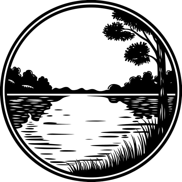 Black And White Illustration Of A Serene Rural Landscape A River Trees And A Moonlit Sky — Stock Vector