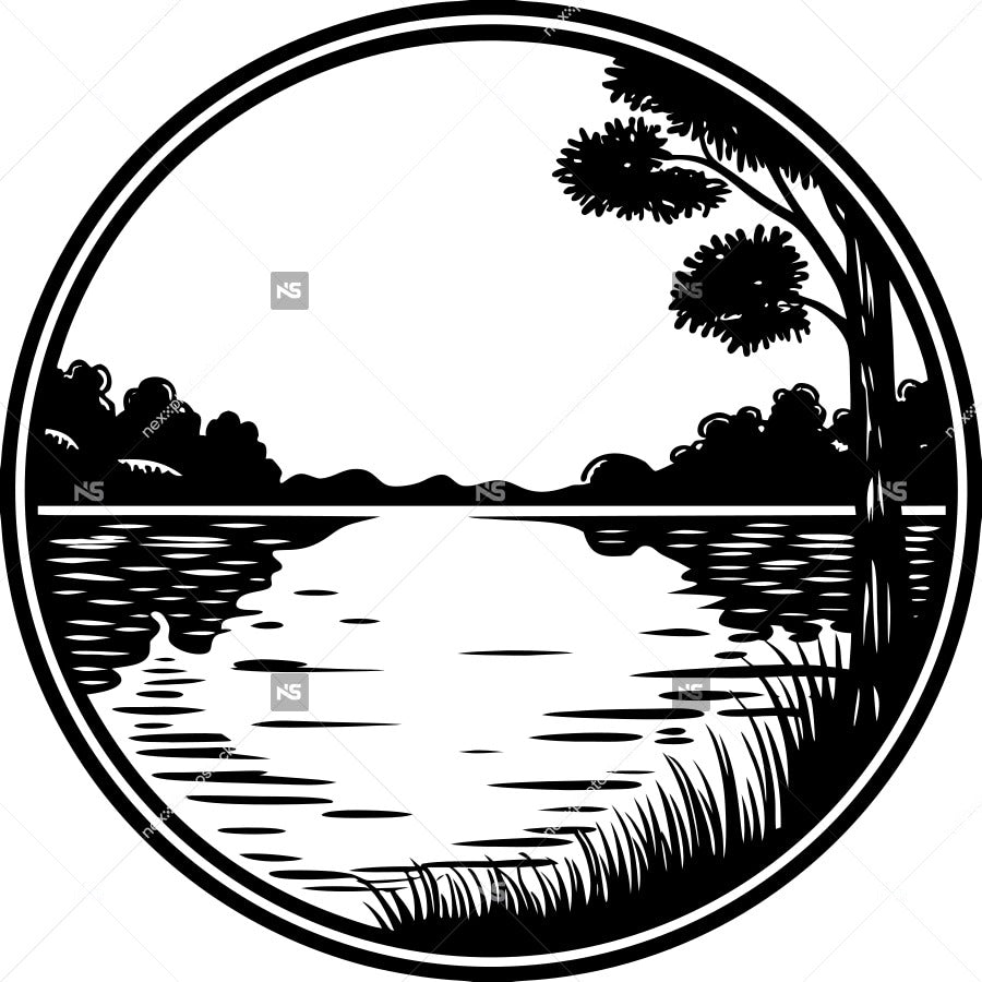 Black And White Illustration Of A Serene Rural Landscape A River Trees And A Moonlit Sky — Stock Vector