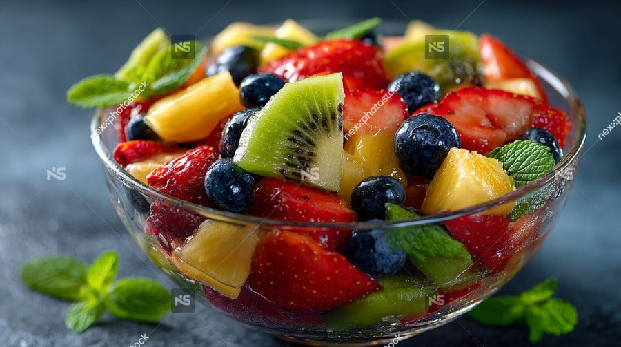 A Vibrant Fruit Salad In A Bowl Strawberries Blueberries And Kiwi Slices With A Sprig Of Mint On Top — Stock Photo