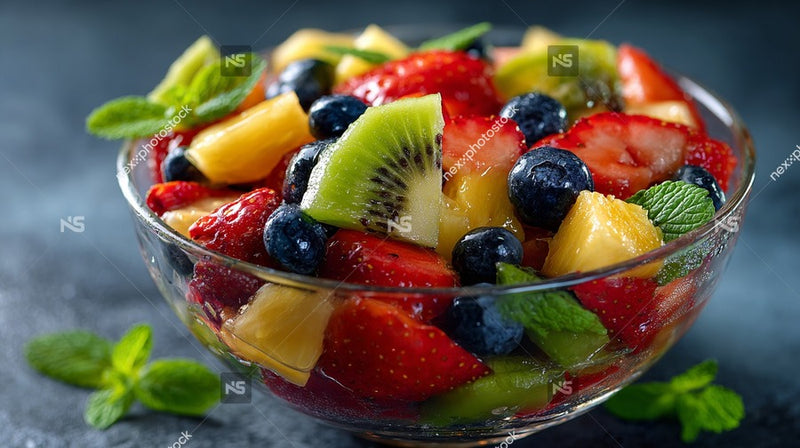 A Vibrant Fruit Salad In A Bowl Strawberries Blueberries And Kiwi Slices With A Sprig Of Mint On Top — Stock Photo