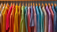 Colorful Shirts Hanging In A Row On Wooden Hangers — Stock Photo