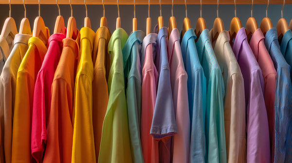 Colorful Shirts Hanging In A Row On Wooden Hangers — Stock Photo
