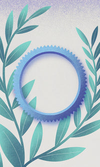A Stylized Illustration Of A Blue Gear With A Leafy Branch Background Set Against A White Surface — Stock Illustration