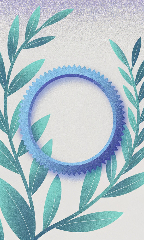 A Stylized Illustration Of A Blue Gear With A Leafy Branch Background Set Against A White Surface — Stock Illustration