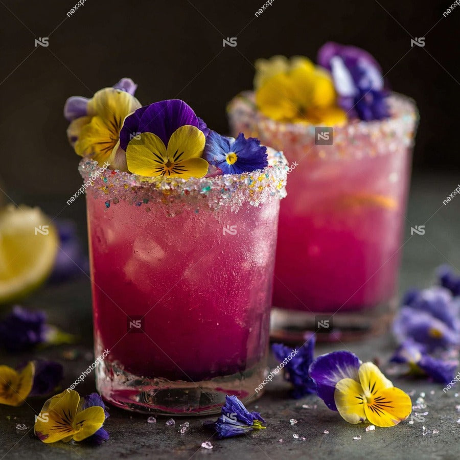 Two Glasses Of Pink Cocktails Garnished With Edible Flowers And Sprinkles On A Dark Surface — Stock Photo