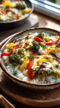 A Bowl Of Baked Broccoli Casserole With Melted Cheese And Red Peppers Garnished With Parsley Served On A Wooden Table — Stock Photo