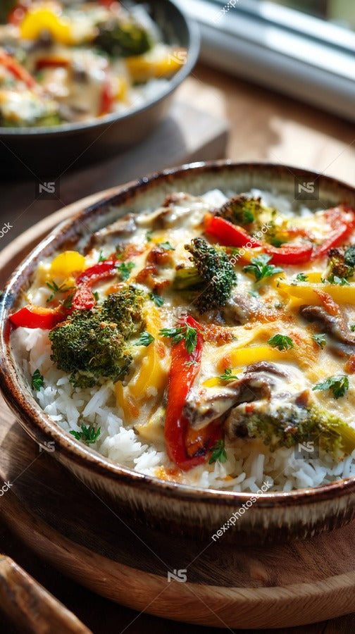 A Bowl Of Baked Broccoli Casserole With Melted Cheese And Red Peppers Garnished With Parsley Served On A Wooden Table — Stock Photo