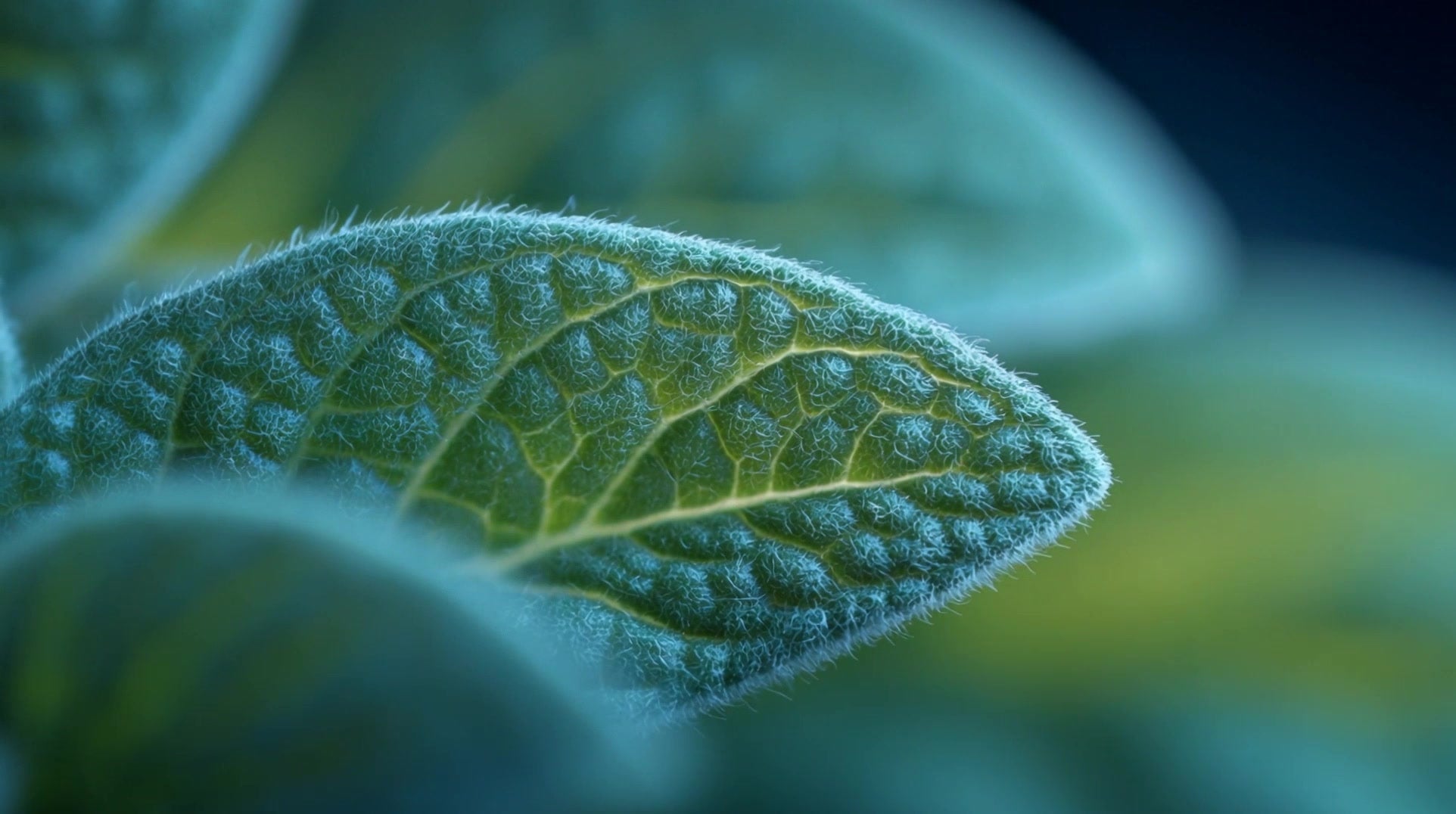 close up image of a single green leaf with water droplets on its surface set against a dark background - Stock Video