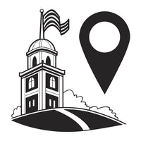 Black And White Illustration Of A Clock Tower With An American Flag On Top And A Location Pin Icon — Stock Vector