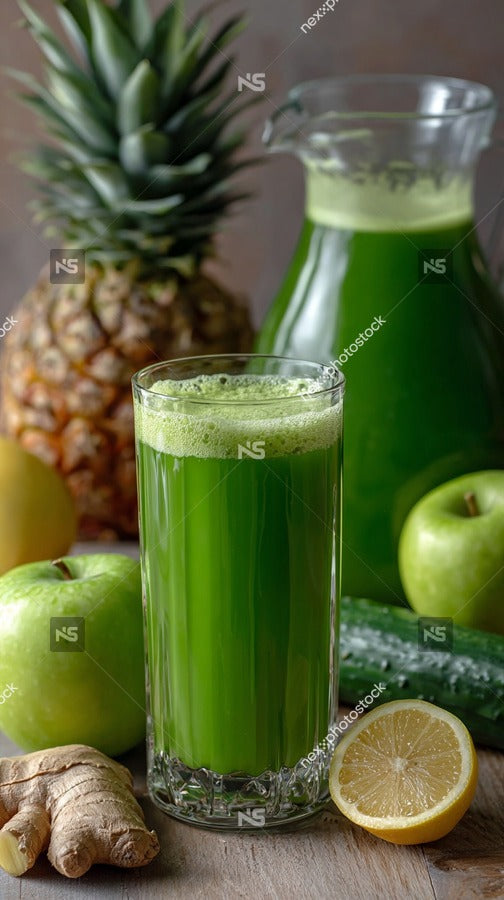 A Glass Of Green Smoothie With Fruits Including Apples And Oranges On A Wooden Table — Stock Photo