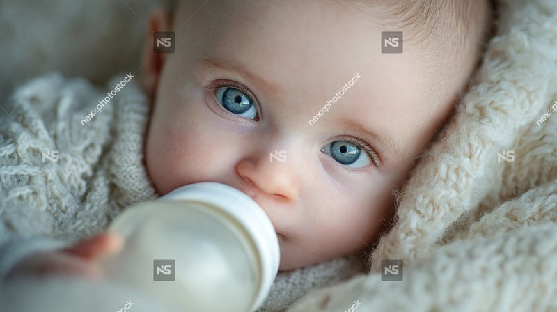 Newborn Baby With Blue Eyes Drinking From A Bottle — Stock Photo