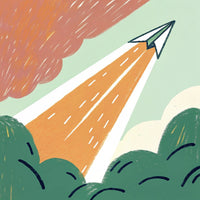 Illustration Of A Stylized Rocket Launching From A Green Field Under A Blue Sky — Stock Illustration
