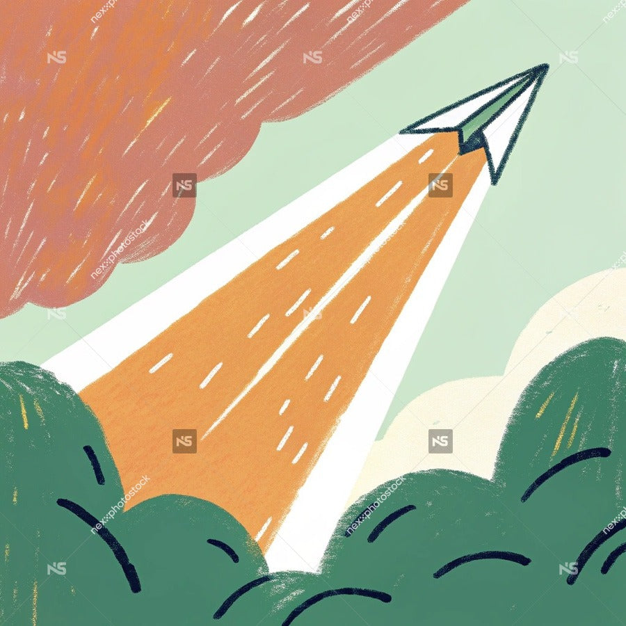 Illustration Of A Stylized Rocket Launching From A Green Field Under A Blue Sky — Stock Illustration