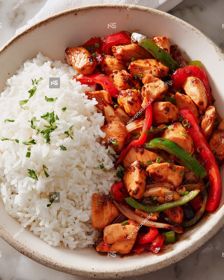 A Bowl Of Chicken And Rice With Peppers Served With A Side Of White Rice — Stock Photo
