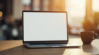 A Laptop Computer Is Prominently Displayed On A Wooden Table With Its Screen Blank And Facing Towards The Viewer — Stock Photo