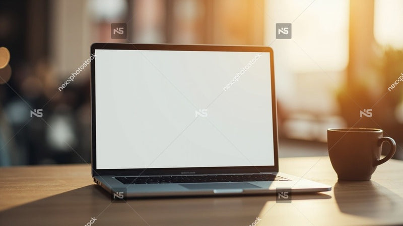 A Laptop Computer Is Prominently Displayed On A Wooden Table With Its Screen Blank And Facing Towards The Viewer — Stock Photo