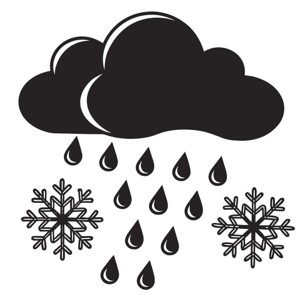 Black And White Illustration Of A Cloud With Raindrops Falling From It Accompanied By Snowflakes — Stock Vector