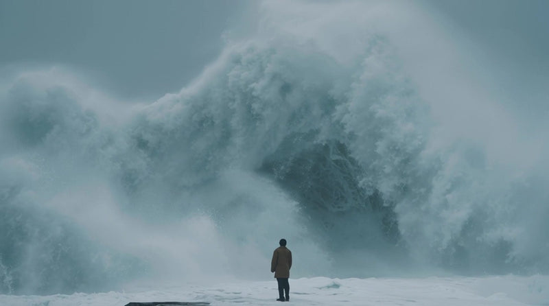 a lone surfer stands in front of a massive wave seemingly contemplating the powerful force of nature around him - Stock Video