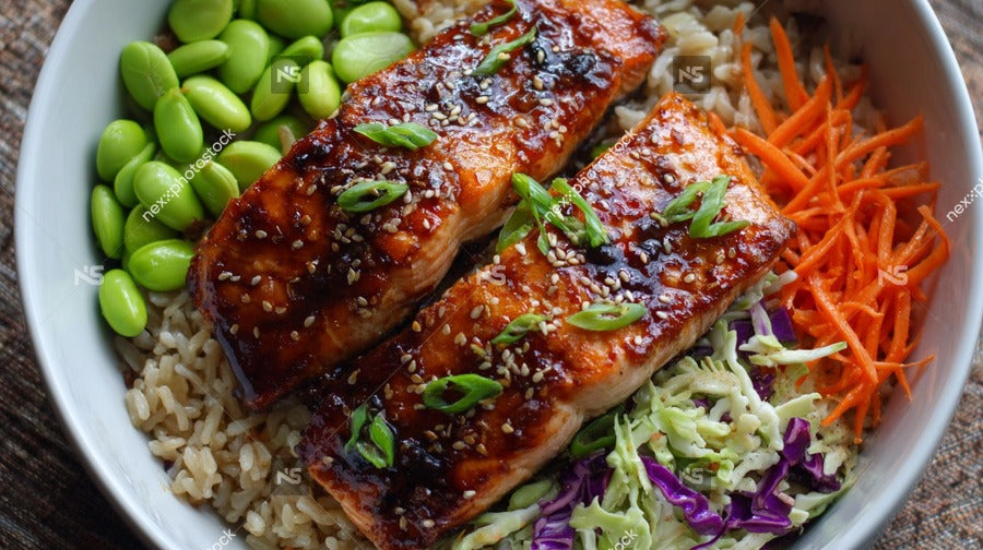 Grilled Salmon Served With A Side Of Rice And Vegetables Including Carrots And Broccoli — Stock Photo