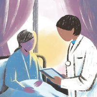 Doctor S Visit In A Hospital Setting With A Female Patient Seated And Receiving Attention From A Male Doctor Who Is Standing Beside — Stock Illustration