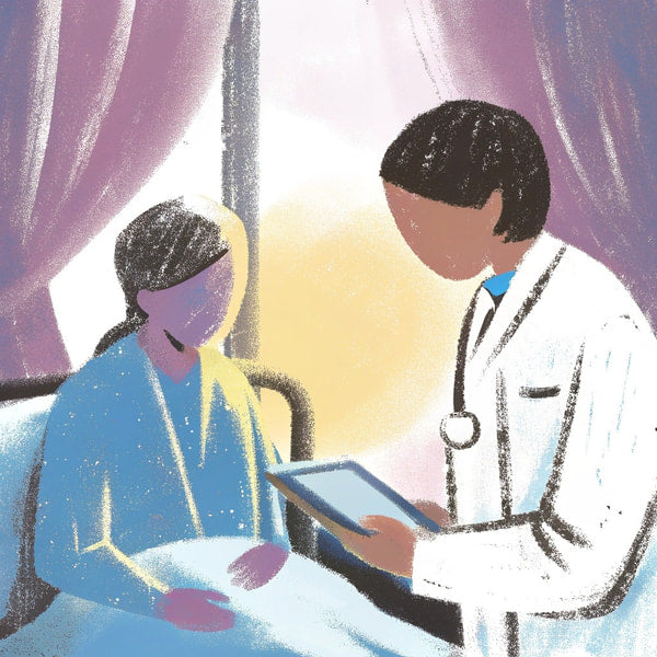 Doctor S Visit In A Hospital Setting With A Female Patient Seated And Receiving Attention From A Male Doctor Who Is Standing Beside — Stock Illustration