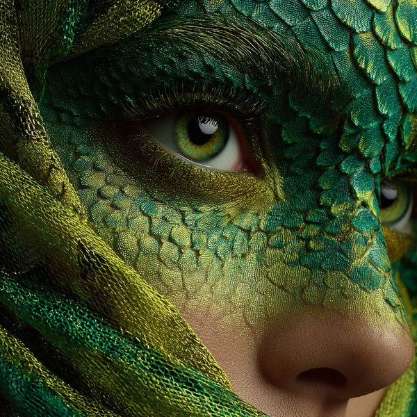 A Person Wearing A Lizard Themed Costume With Green And Yellow Scales Covering Their Face And Body Peeking Through A Veil Of Fabric — Stock Photo