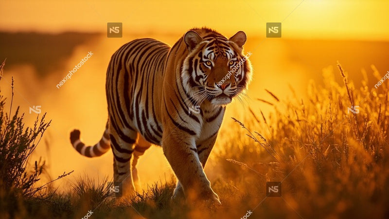 Tiger Walking Through Tall Grass During Sunset — Stock Photo