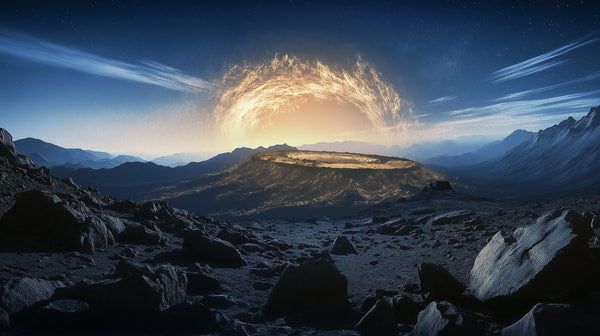 Moonlit Volcanic Eruption With A Fiery Crater And Lava Flow Set Against A Backdrop Of A Starry Night Sky And Mountains — Stock Photo