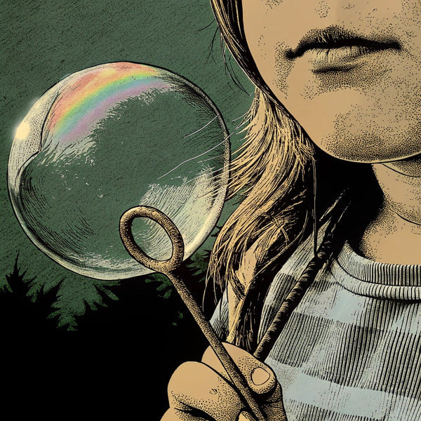 A Young Girl Blowing A Bubble With A Wand In Her Hand Set Against A Dark Background — Stock Illustration