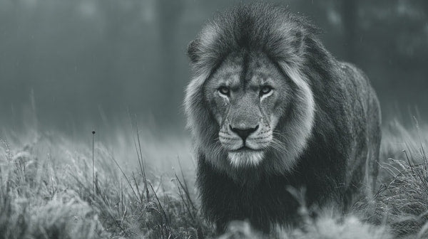 A Majestic Lion In A Natural Habitat Captured In A Striking Black And White Photograph — Stock Photo