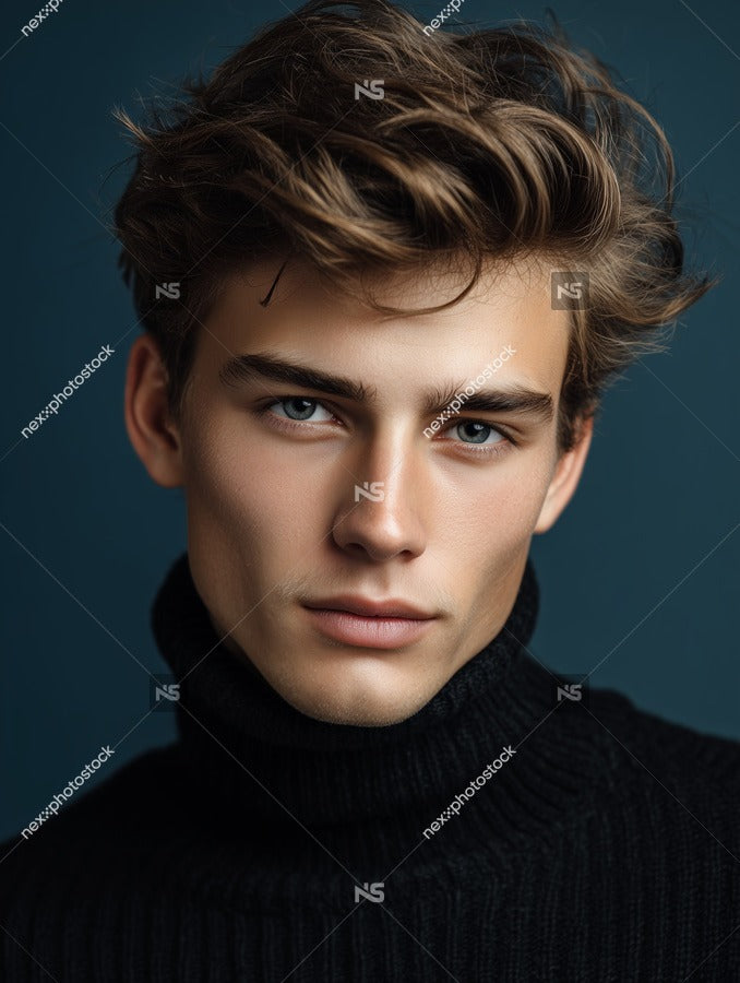 A Young Man With Tousled Hair And Blue Eyes Wearing A Turtleneck Sweater Poses For A Portrait Against A Dark Background — Stock Photo