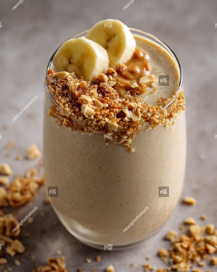 A Glass Of Banana Nut Smoothie With Nuts Sprinkled On Top Placed On A Table — Stock Photo