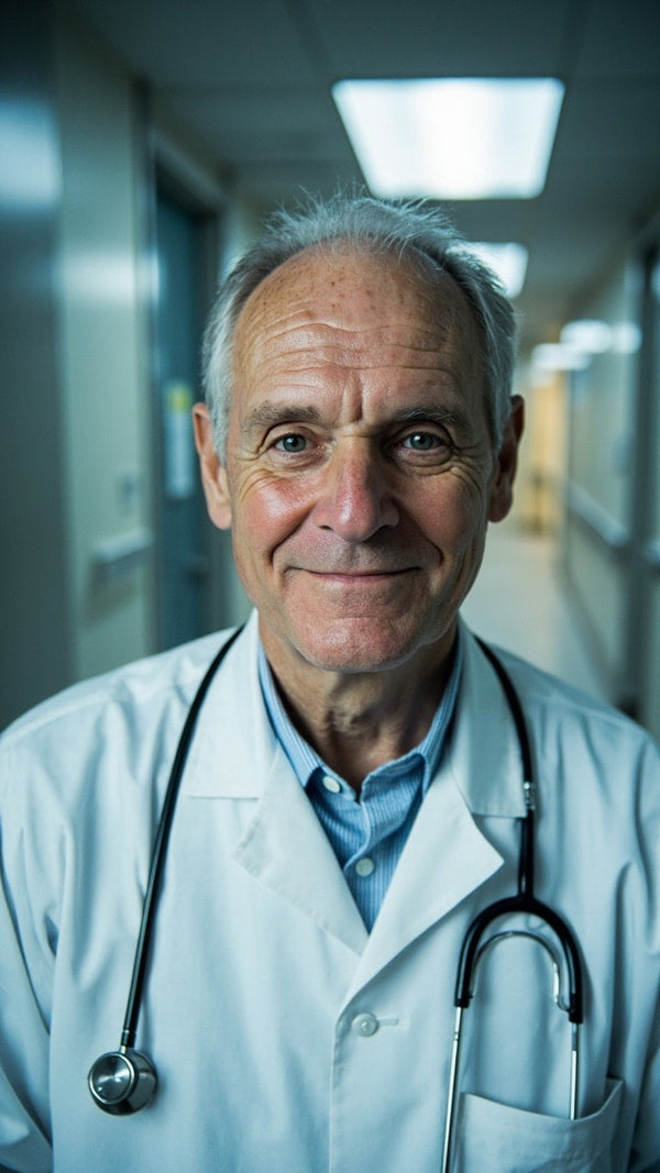 An Older Man Wearing A White Medical Coat Smiling And Posing For A Portrait — Stock Photo