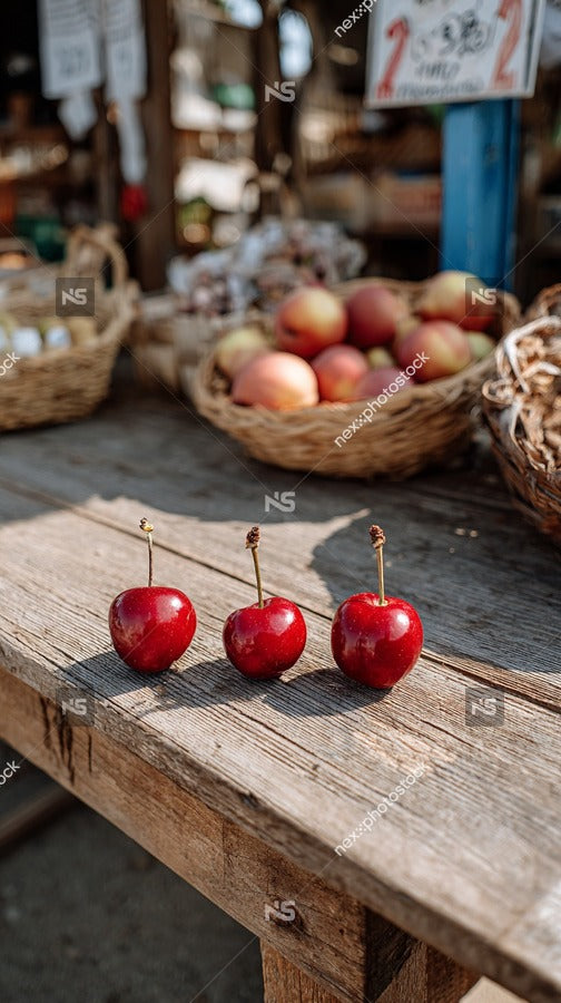 A Market Stall With A Wooden Table Three Cherries And A Basket Of Apples Set Against A Backdrop Of A Fruit Stand — Stock Photo