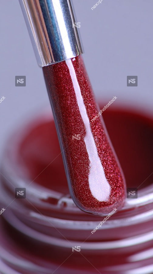 Shows A Close Up View Of A Bottle Of Nail Polish With A Glittery Red Color — Stock Photo