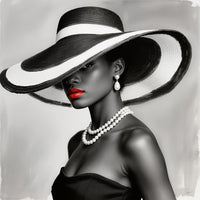 Black And White Fashion Portrait Of A Woman Wearing A Large Brimmed Hat With A Black And White Striped Band — Stock Photo